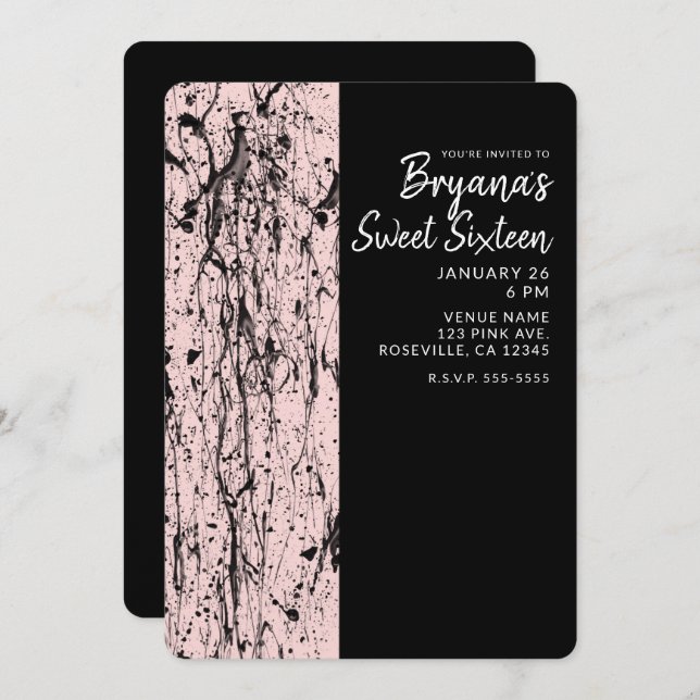 Pink Blush & Black Paint Sweet 16 ANY AGE Party Invitation (Front/Back)