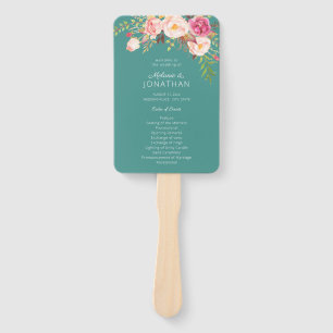 Pink Blush Bloom Floral Wedding Program Turquoise Hand Fan