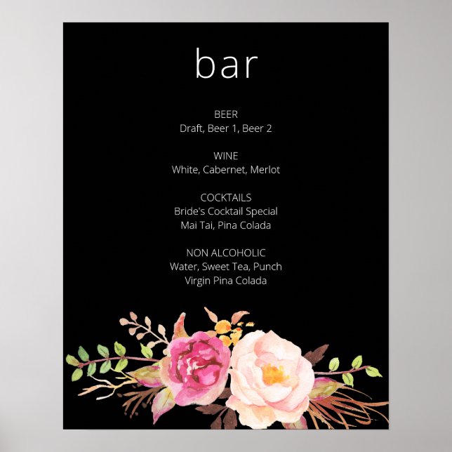 Pink Blush Blooming Floral Bar Sign - Black (Front)