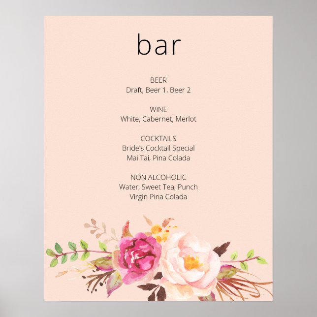 Pink Blush Blooming Floral Bar Sign - Pink (Front)