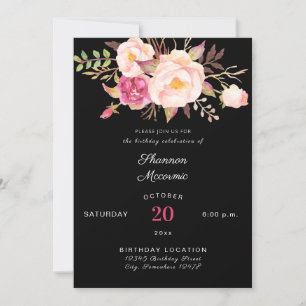 Pink Blush Blooming Floral Birthday - Black Invitation