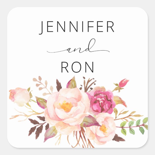 Pink Blush Blooming Floral Name - White Square Sticker (Front)