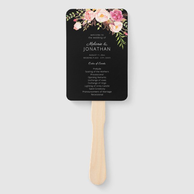 Pink Blush Blooming Floral Wedding Program Black Hand Fan (Front)