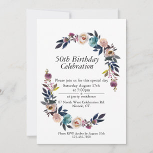 Pink Blush Blue Boho Customisable 50th Birthday Invitation