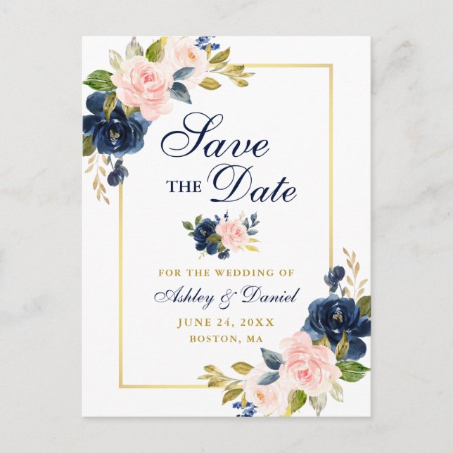 Pink Blush Blue Floral Elegant Gold Save the Date Announcement Postcard (Front)