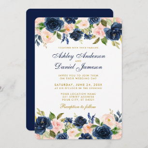Pink Blush Blue Floral Elegant Gold Wedding R Invitation