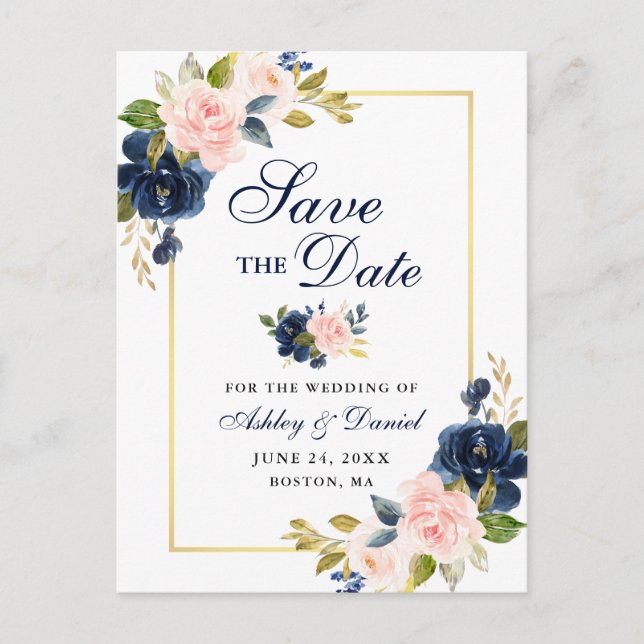 Pink Blush Blue Floral Elegant Save the Date Announcement Postcard (Front)