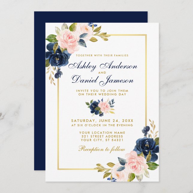 Pink Blush Blue Floral Elegant Wedding Gold Frame Invitation (Front/Back)