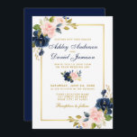 Pink Blush Blue Floral Elegant Wedding Gold Frame Invitation<br><div class="desc">Elegant Watercolor Pink Blush Blue Floral Wedding Gold Invitation Card</div>
