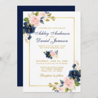 Pink Blush Blue Floral Elegant Wedding Gold Frame