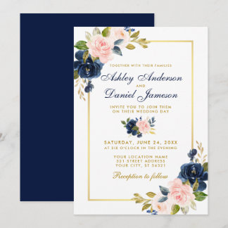 Pink Blush Blue Floral Elegant Wedding Gold Frame Invitation