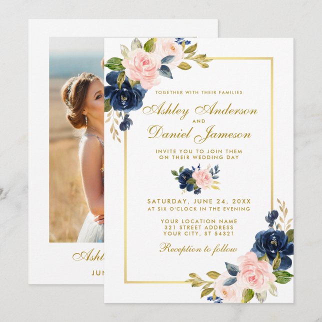 Pink Blush Blue Floral Gold Photo Wedding Invitation (Front/Back)