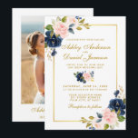Pink Blush Blue Floral Gold Photo Wedding Invitation<br><div class="desc">Elegant Watercolor Pink Blush Blue Floral Wedding Gold Invitation Card - Photo Back</div>