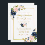Pink Blush Blue Floral Gold Photo Wedding Invitation<br><div class="desc">Elegant Watercolor Pink Blush Blue Floral Wedding Gold Invitation Card - Photo Back</div>