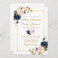 Pink Blush Blue Floral Gold Photo Wedding