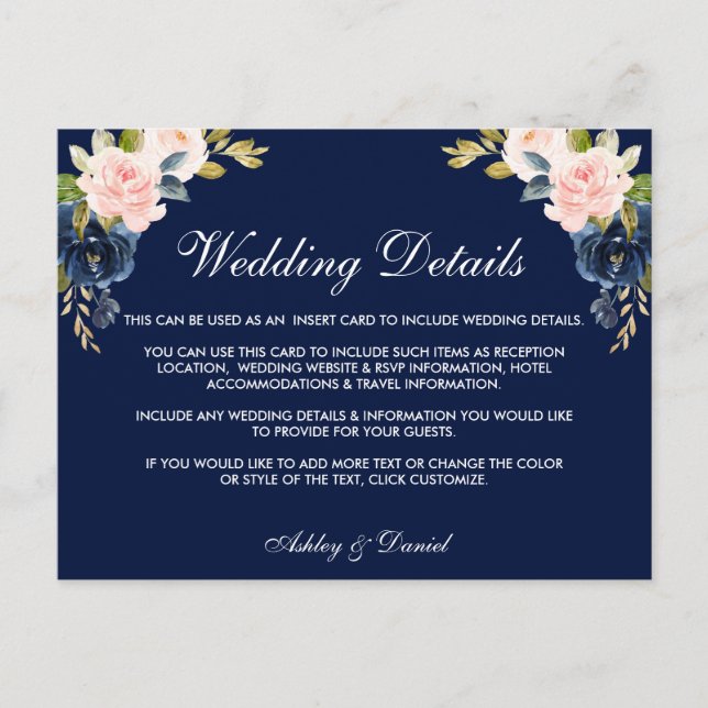 Pink Blush Blue Floral Wedding Details Insert Card (Front)
