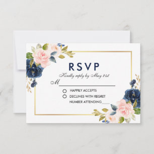 Pink Blush Blue Floral Wedding RSVP Card