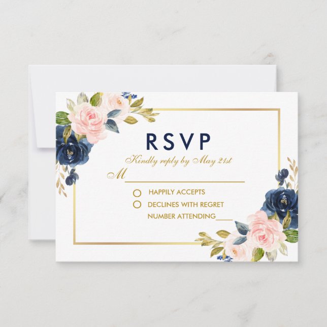 Pink Blush Blue Floral Wedding RSVP Gold (Front)