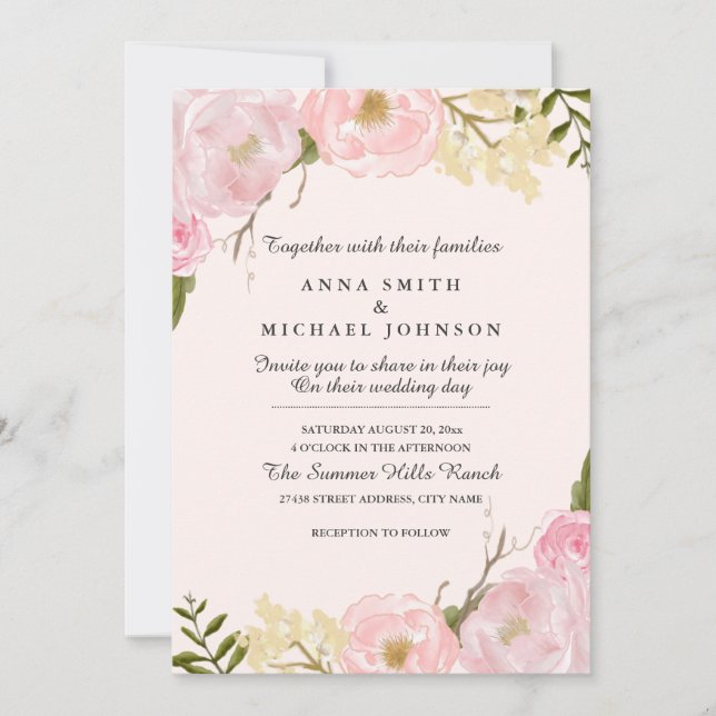 Pink Blush Botanical Floral Wedding Invitation (Front)