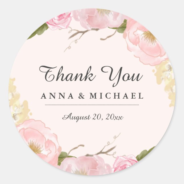 Pink Blush Botanical Floral Wedding Stickers (Front)