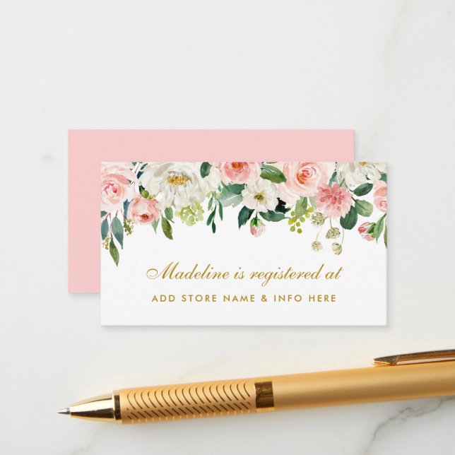 Pink Blush Bridal Shower Gold Registry Insert Card (Front/Back In Situ)
