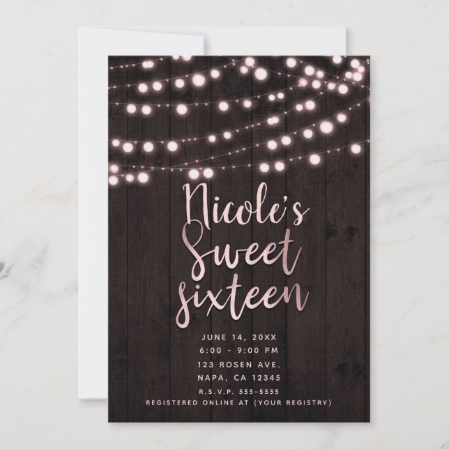 Pink Blush Brown Rustic Wood & Lights Sweet 16 Invitation (Front)