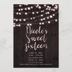 Pink Blush Brown Rustic Wood & Lights Sweet 16 Invitation