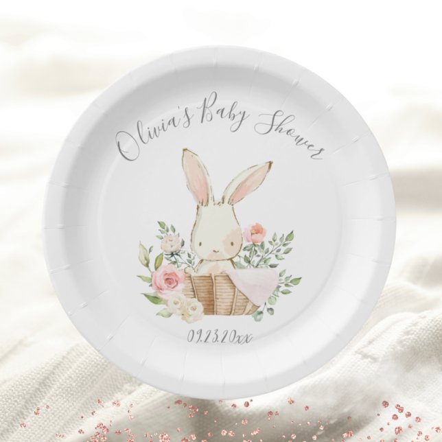 Pink Blush Bunny Rabbit Baby Girl Shower Paper Plate (Creator Uploaded)