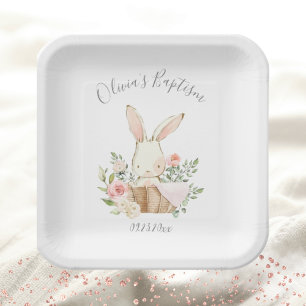 Pink Blush Bunny Rabbit Girl Baby Baptism Paper Plate
