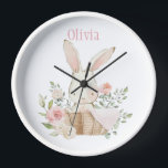 Pink Blush Bunny Rabbit Name Nursery Clock<br><div class="desc">Cute and sweet pink watercolor bunny rabbit with floral accents all around in a wicker basket.  Add your choice of name. Adorable.  100% customer satisfaction with Zazzle every day.</div>