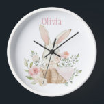 Pink Blush Bunny Rabbit Name Nursery Clock<br><div class="desc">Cute and sweet pink watercolor bunny rabbit with floral accents all around in a wicker basket.  Add your choice of name. Adorable.  100% customer satisfaction with Zazzle every day.</div>