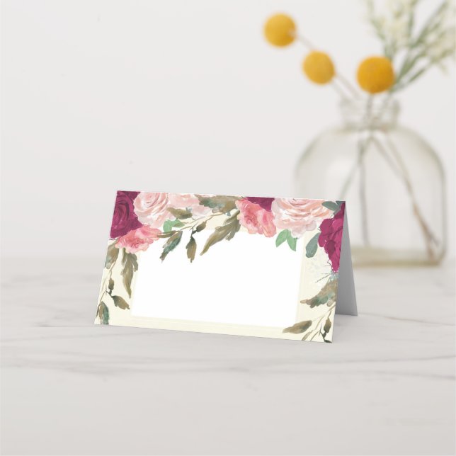 pink blush burgundy floral ivory wedding placecard (Front)