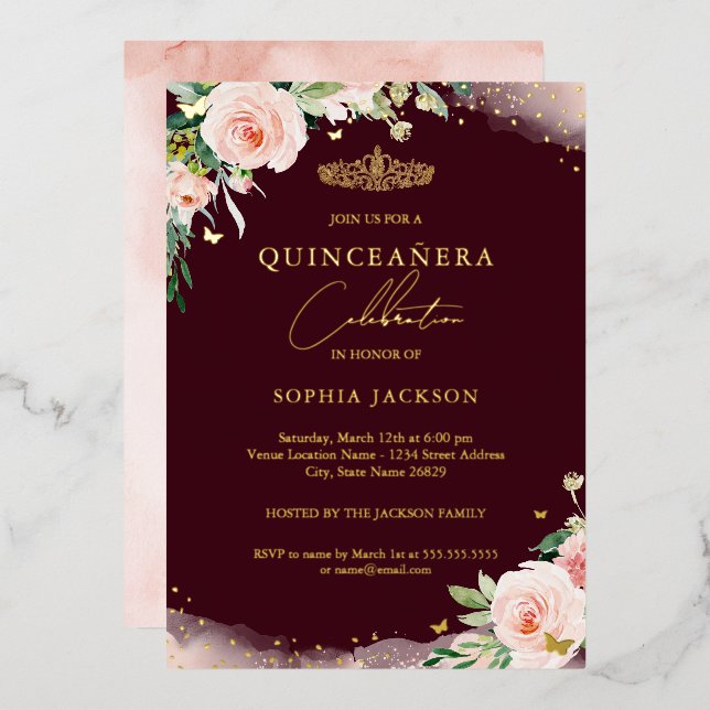 Pink Blush Burgundy Floral Quinceanera Birthday  (Front/Back)