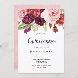 Pink Blush & Burgundy Flowers Quinceanera Invite