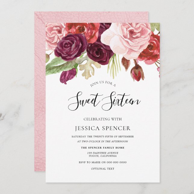 Pink Blush & Burgundy Flowers Sweet 16 Invite (Front/Back)