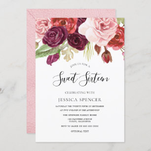 Pink Blush & Burgundy Flowers Sweet 16 Invite
