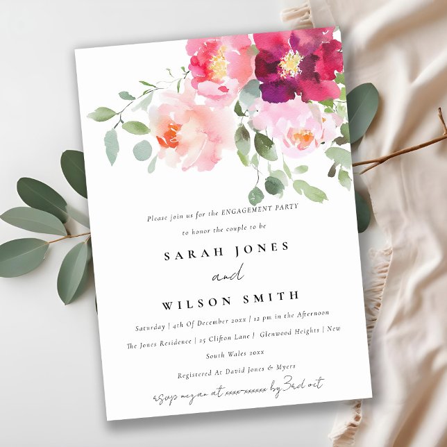 Pink Blush Burgundy Rose Watercolor Engagement Invitation (Creator Uploaded)