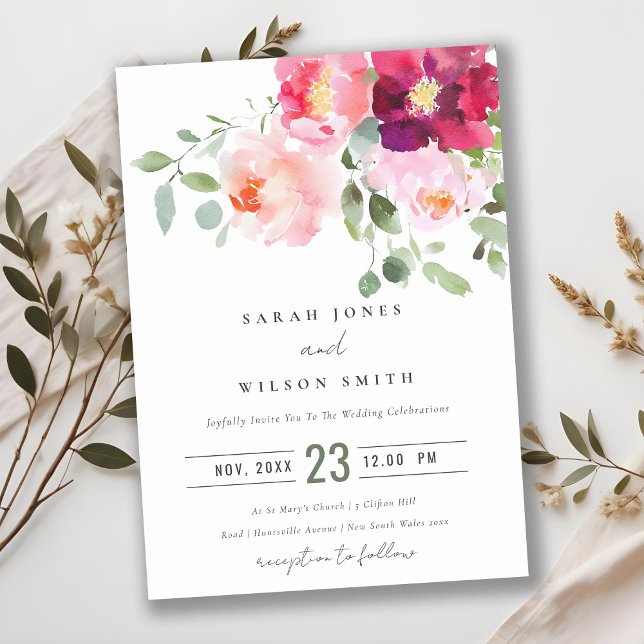 Pink Blush Burgundy Rose Watercolor Wedding Invitation (Creator Uploaded)