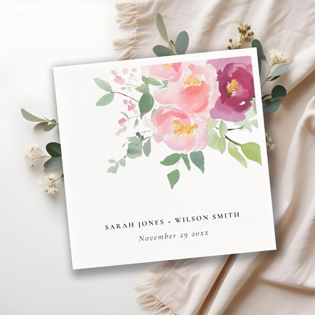 Pink Blush Burgundy Rose Watercolor Wedding Napkin (Creator Uploaded)