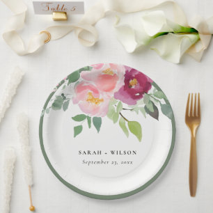 Pink Blush Burgundy Rose Watercolor Wedding Paper Plate