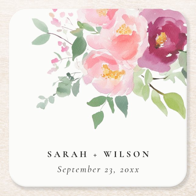 Pink Blush Burgundy Rose Watercolor Wedding Square Paper Coaster (Front)