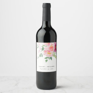 Pink Blush Burgundy Rose Watercolor Wedding Wine Label