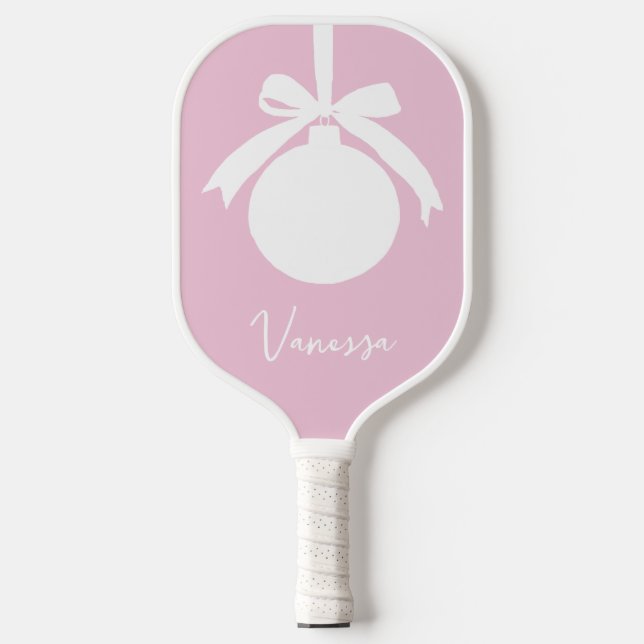 Pink blush champagne custom modern script pickleball paddle (Front)