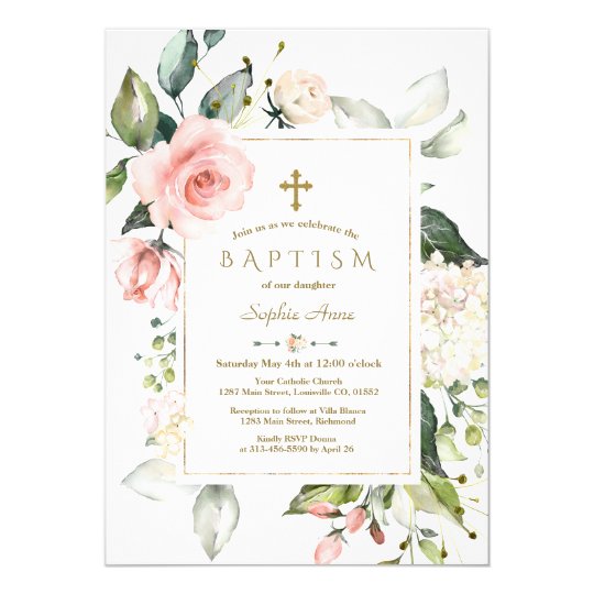 Pink Blush Cream Floral Frame Gold Baptism Invitation | Zazzle.com.au