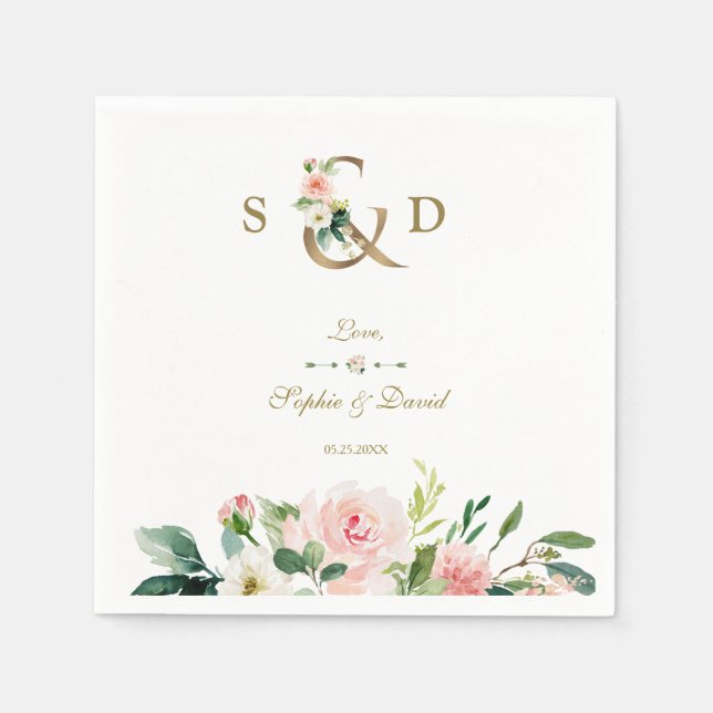 Pink Blush Cream Flowers Gold Ampersand Wedding Napkin (Front)