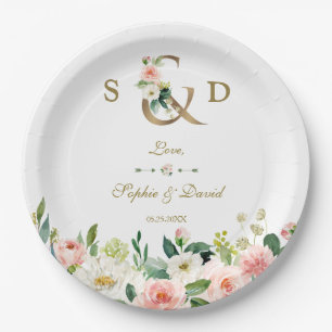 Pink Blush Cream Flowers Gold Ampersand Wedding Paper Plate