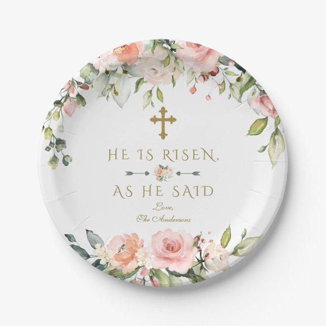 Pink Blush Cream Flowers He Is Risen Gold Easter Paper Plate (Front)