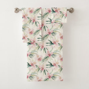 Pink Blush Cream Orchid Floral   Bath Towel Set