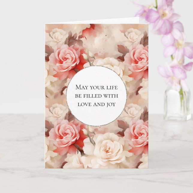Pink Blush Cream Rose Floral Love & Joy Wedding Card (Orchid)