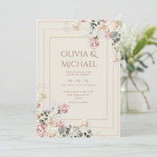 Pink Blush Cream Roses Floral Elegant Wedding Invitation